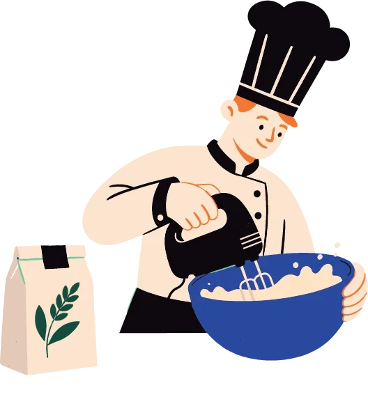Ilustração de um chef batendo massa numa tigela azul com a batedeira, ao lado de um pacote de farinha