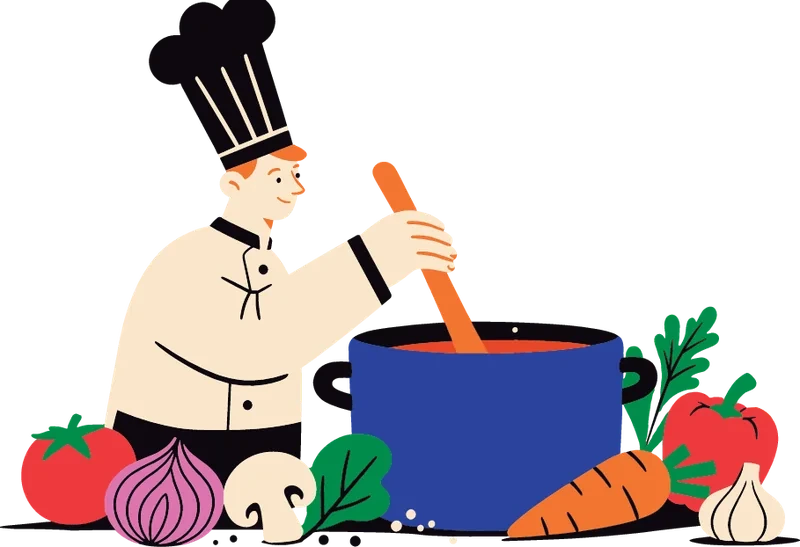Ilustração de um chef mexendo uma panela azul cercada de legumes
