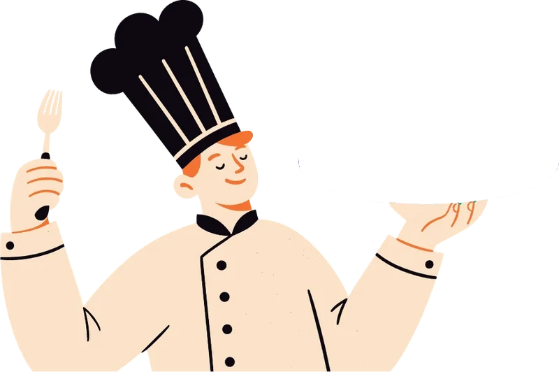 Ilustração de um chef sorridente servindo um prato colorido